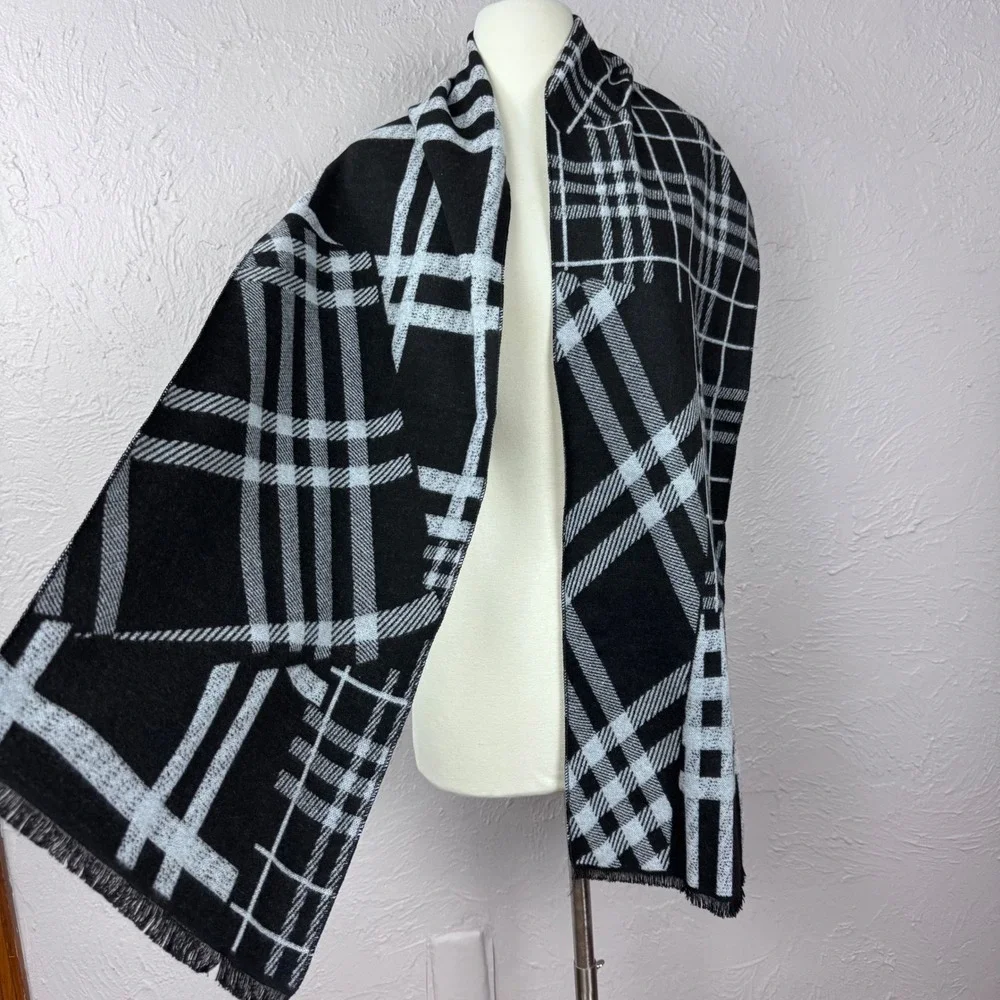 Super soft black and white abstract plaid winter scarf unisex minimalist